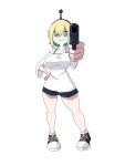  1girl absurdres aiming_at_viewer amano_pikamee black_footwear black_hairband black_shorts blonde_hair breasts bright_pupils clenched_hand collarbone colored_inner_hair commentary foreshortening green_eyes green_hair gun hairband hand_on_own_thigh handgun highres holding holding_gun holding_weapon holykoshi large_breasts looking_at_viewer multicolored_hair off-shoulder_shirt off_shoulder outstretched_arm shirt shoes short_hair shorts smile sneakers solo standing thighs two-tone_hair virtual_youtuber voms weapon white_pupils white_shirt wide_sleeves 