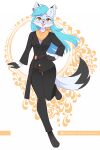  anthro barefoot black_clothing black_suit blue_hair clothing ear_piercing ear_ring eyewear feet felid feline female fur glasses gloves hair handwear hi_res inosagi mammal orange_scarf piercing ring_piercing scarf solo suit white_body white_fur yellow_eyes 