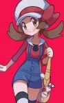 1girl blue_overalls bow brown_eyes brown_hair cabbie_hat closed_mouth collarbone hat highres hiisu_(s-1104-d) holding_strap looking_at_viewer low_twintails lyra_(pokemon) overalls pokegear pokemon pokemon_(game) pokemon_hgss red_background red_bow red_shirt shirt smile thighhighs twintails yellow_bag 