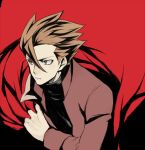  1boy bangs black_shirt brown_eyes brown_hair closed_mouth commentary_request hair_between_eyes hand_up jacket lance_(pokemon) long_sleeves male_focus mocollie pokemon pokemon_adventures red_background shirt short_hair solo spiked_hair turtleneck upper_body 