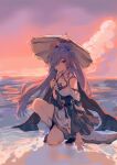  1girl bangs bare_shoulders blue_eyes blue_hair breasts brown_umbrella cloud collarbone commentary_request dress fu_hua full_body grey_hair highres holding holding_umbrella honkai_(series) honkai_impact_3rd horizon long_sleeves looking_at_viewer multicolored_hair ocean oil-paper_umbrella one_knee outdoors parted_lips small_breasts solo streaked_hair tsubomi_fanart umbrella water white_dress wide_sleeves 
