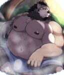  2023 anthro belly big_belly blush bodily_fluids bulge canid canine canis domestic_dog hi_res humanoid_hands kemono male mammal metaporin moobs navel nipples overweight overweight_male solo steam sweat tamacolle towel yamato_(tamacolle) 