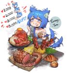  1girl :i animal_ears blue_eyes blue_hair blush bread cheese closed_mouth croissant crying crying_with_eyes_open dog_ears dog_girl dog_tail eating english_commentary food fried_egg fruit happy_tears highres meat original pineapple salad sin_(sintrybest) solo tail tail_wagging tears 