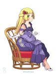  1girl bangs blonde_hair blunt_bangs blush braid chair clenched_hand closed_mouth cosplay dress eyelashes gloves green_eyes grey_footwear high_heels highres kinocopro lillie_(pokemon) long_hair may_(anniversary_2022)_(pokemon) may_(pokemon) may_(pokemon)_(cosplay) pokemon pokemon_(game) pokemon_masters_ex pokemon_sm purple_dress simple_background sitting smile solo twitter_username watermark white_background white_gloves 