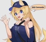  1girl :d animal_ears bare_shoulders between_breasts blonde_hair blue_eyes blue_shirt blush breasts chesed_(uporyz) commentary dog_ears dog_tail english_text eyes_visible_through_hair fang girls&#039;_frontline grey_background hair_between_eyes hat highres long_hair looking_at_viewer m500_(daydreaming_in_class)_(girls&#039;_frontline) m500_(girls&#039;_frontline) medium_breasts open_mouth shirt simple_background smile solo speech_bubble tail upper_body waving 