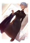  1girl alternate_costume belt black_dress blue_hair bracelet choker commentary_request commission dog_tags dress dutch_angle earrings english_text girls&#039;_frontline hair_between_eyes highres jewelry long_sleeves looking_at_viewer orange_eyes pixiv_commission saigakobaru short_hair smile solo zas_m21_(girls&#039;_frontline) 