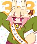  1girl animal_ears arms_up bangs bell blonde_hair blush brown_necktie collar commentary_request confetti fox_ears fox_girl fox_tail green_shirt hair_bun hair_ornament highres jingle_bell kemomimi-chan_(naga_u) long_sleeves looking_at_viewer naga_u neck_bell necktie original outstretched_arms pleated_skirt purple_collar purple_eyes purple_skirt red_eyes sailor_collar sash shirt simple_background skirt sleeves_past_fingers sleeves_past_wrists solo tail translation_request v-shaped_eyebrows white_background white_sailor_collar 