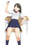  1girl ascot ass_visible_through_thighs bangs black_eyes black_hair black_socks blue_skirt chair cleft_of_venus commentary_request desk dress_shirt eraser holding kneehighs leaning_back looking_to_the_side maburu_(lojyq1eur3e8bit) medium_hair miniskirt no_panties open_mouth original pleated_skirt pussy red_ascot school_chair school_desk school_uniform shadow shirt short_sleeves simple_background sitting skirt smile socks solo white_background white_shirt wing_collar 