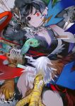  1girl animal_feet animal_hands arrow_(projectile) asymmetrical_wings black_eyes black_hair black_kimono collarbone feathers glitch heterochromia highres houjuu_nue japanese_clothes kimono mismatched_sclera nue red_eyes ribs risui_(suzu_rks) short_hair snake solo touhou wings 