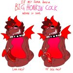  anthro collar demon dragon dragonfuckerthursday genitals hair halliwell_(dragonfuckerthursday) hi_res horn hybrid membrane_(anatomy) membranous_wings meme nonbinary_(lore) penile_spines penis penis_tentacles red_body red_eyes red_hair sharp_teeth slightly_chubby smug_face solo spade_tail spiked_collar spikes tail teeth tentacles wings 