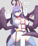  1girl arms_behind_back bangs belt bestiality blue_capelet blue_eyes blue_thighhighs breasts capelet center_opening circlet cleavage fate/grand_order fate_(series) highres kunabishi lahmu_(fate) large_breasts long_hair martha_(fate) monster navel needle open_mouth pelvic_curtain purple_hair restrained speech_bubble teeth tentacles thighhighs thighs thought_bubble translation_request veil 