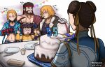  2boys 3girls abs beard birthday birthday_cake black_sports_bra blonde_hair blue-framed_eyewear blue_jacket brown_hair cake cammy_white caught china_dress chinese_clothes chun-li commentary dated double_bun dress english_commentary eyewear_on_head facial_hair food food_in_mouth glasses hair_bun hair_ribbon hershuar jacket ken_masters knife li-fen mother_and_daughter multiple_boys multiple_girls pendant_choker pointing pointing_at_another ribbon ryu_(street_fighter) scar scar_on_cheek scar_on_face short_hair sports_bra street_fighter street_fighter_6 stubble sweat sweating_profusely track_jacket wireless 