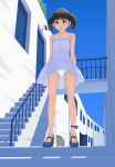  1girl :o arms_behind_back ass_visible_through_thighs bangs black_eyes black_hair blue_dress blue_footwear blue_sky building clear_sky commentary day dress high_heels highres looking_at_viewer maburu_(lojyq1eur3e8bit) open_mouth original outdoors panties shadow short_dress short_hair sky solo spaghetti_strap standing sundress twintails underwear white_panties wind wind_lift 