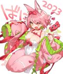  +_+ 1girl 2023 animal_ears azuchi_momo bow breasts choker cleavage collarbone colored_inner_hair covered_navel fang fox_ears full_body green_hair hair_bow hands_up heart highres jacket karizini999 kneeling large_breasts leotard long_sleeves looking_at_viewer multicolored_hair nijisanji off_shoulder open_mouth pantyhose pink_eyes pink_hair pink_jacket pink_pantyhose playboy_bunny red_bow red_ribbon ribbon ribbon_choker seigaiha short_hair simple_background sleeves_past_fingers sleeves_past_wrists solo strapless strapless_leotard thigh_strap thighs white_background white_leotard yellow_pupils 