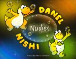  anthro detailed_background duo english_text genitals male male/male mario_bros navel nintendo nishi_oxnard nishi_yoshi nishioxnard nude open_mouth orange_yoshi penis smile sparkles text title tongue_showing yellow_yoshi yoshi 