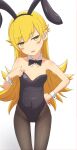  1girl animal_ears bangs black_bow black_bowtie black_leotard black_pantyhose blonde_hair blush_stickers bow bowtie camui1104 clothes_tug cowboy_shot detached_collar highres leotard long_hair looking_at_viewer monogatari_(series) oshino_shinobu pantyhose playboy_bunny rabbit_ears solo strapless strapless_leotard wrist_cuffs 