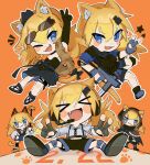  &gt;_&lt; 5girls :3 :d animal_ears black_dress blonde_hair blue_eyes blush_stickers cat_day cat_ears cat_tail chesed_(uporyz) chibi clone closed_eyes dress english_commentary eyewear_on_head fang fingerless_gloves girls&#039;_frontline gloves gun highres holding holding_gun holding_weapon idw_(cat_in_the_box)_(girls&#039;_frontline) idw_(cloak_and_cat_ears)_(girls&#039;_frontline) idw_(girls&#039;_frontline) idw_(roly-poly_ninja_cat)_(girls&#039;_frontline) mod3_(girls&#039;_frontline) multiple_girls official_alternate_costume one_eye_closed open_mouth parker-hale_idw shorts smile sunglasses tail v weapon 