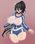  1girl black_hair black_shorts blue_archive blue_jacket blue_shorts breasts brown_background cropped_legs english_commentary hair_between_eyes hasumi_(blue_archive) hasumi_(gym_uniform)_(blue_archive) highres huge_breasts jacket korean_commentary long_hair long_sleeves mixed-language_commentary official_alternate_costume paid_reward_available red_eyes shirt shorts simple_background siri_(artist) solo t-shirt thick_thighs thigh_gap thighs very_long_hair wavy_mouth white_shirt 