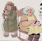  1girl age_comparison animal apron brown_hair chair coat courage_(character) courage_the_cowardly_dog cropped_legs curly_hair dog dress feet_out_of_frame glasses green_coat long_hair multiple_views muriel_bagge old old_woman passionpeachy rocking_chair simple_background sitting smile white_background white_hair yellow_apron yellow_dress 