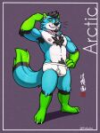  anthro arctic_the_fox armpit_hair barefoot black_body black_fur body_hair border briefs briefs_only bulge chain_necklace claws clothed clothing dog_tags english_text facial_hair feet flexing_muscles fudatsu fur goatee green_body green_eyes green_fur grey_background hi_res jewelry male muscular muscular_male navel necklace nipples simple_background smile solo sweaciabic text tighty_whities topless underwear underwear_only whiskers white_body white_briefs white_clothing white_fur white_underwear 