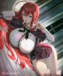  1girl ahoge artist_name arttoru blue_eyes bow bowtie breasts closed_mouth covered_nipples frills hair_between_eyes high_school_dxd highres huge_breasts lips long_hair long_sleeves looking_at_viewer lying on_side red_hair red_skirt rias_gremory skirt solo web_address 