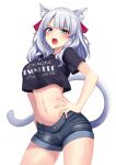  1girl :o absurdres animal_ear_fluff animal_ears avatar_(ff14) black_shirt blue_eyes blue_shorts breasts cat_ears cat_girl cat_tail clothes_writing contrapposto cowboy_shot crop_top crop_top_overhang denim denim_shorts derivative_work english_text facial_mark final_fantasy final_fantasy_xiv frown hair_ornament hair_ribbon hands_on_hips highres long_hair looking_at_viewer medium_breasts midriff miqo&#039;te navel open_mouth ribbon rifqiaji shirt short_shorts short_sleeves shorts solo standing stomach tail tail_raised transparent_background v-shaped_eyebrows white_hair 