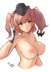  1girl anchor_hair_ornament atlanta_(kancolle) black_eyes black_headwear breasts brown_hair closed_mouth commentary cropped_torso dated garrison_cap gloves hair_ornament hat hazuki_futahi headgear highres index_finger_raised kantai_collection large_breasts long_hair looking_at_viewer nipples nude partially_fingerless_gloves signature simple_background solo symbol-only_commentary two_side_up upper_body white_background 