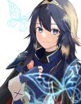  1girl armor bangs blue_eyes blue_gloves blue_hair bug butterfly cape fingerless_gloves fire_emblem fire_emblem_awakening gloves highres long_hair long_sleeves looking_at_viewer lucina_(fire_emblem) shoulder_armor smile solo symbol_in_eye tiara white_background whitedog101829 