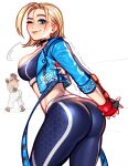  1girl ass ass_focus bangs black_sports_bra blonde_hair blue_jacket blushyspicy breasts cammy_white cropped_jacket fingerless_gloves gloves highres huge_ass jacket looking_at_viewer pants ryu_(street_fighter) scar short_hair sideboob smile solo sports_bra street_fighter street_fighter_6 stretching union_jack yoga_pants 