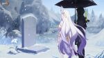  1boy 1girl black_hoodie flower grave gray_serpent hare_(honkai_impact) highres holding holding_umbrella honkai_(series) honkai_impact_3rd hood hoodie logo long_hair looking_down masked official_art official_wallpaper russian_text snow snowing standing tree umbrella very_long_hair white_flower white_hair white_headwear 