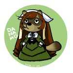  1boy animal_crossing animal_ears black_eyes black_ribbon brown_hair chibi circle commentary_request cosplay dated dress full_body furry furry_male green_background green_dress half-closed_eyes head_scarf highres itini-sanshi long_hair long_sleeves male_focus neck_ribbon no_mouth raccoon_boy raccoon_ears raccoon_tail ribbon rozen_maiden snout solo suiseiseki suiseiseki_(cosplay) tail tom_nook_(animal_crossing) two-tone_background very_long_hair white_background white_headwear 