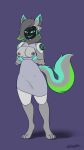  absurd_res anthro astremine bitware_(byteware) blep breasts clothed clothing digital_media_(artwork) dress female fur green_body green_fur grey_body grey_tail hair hi_res looking_at_viewer machine mammal nipples protogen screen screen_face simple_background smile solo tail tongue tongue_out 