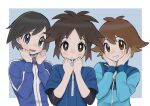  3boys :d bangs blue_jacket blush bright_pupils brown_eyes calem_(pokemon) closed_mouth commentary eyelashes grin hands_up head_rest highres hilbert_(pokemon) jacket long_sleeves male_focus multiple_boys nate_(pokemon) open_mouth pokemon pokemon_(game) pokemon_bw pokemon_bw2 pokemon_xy sana_(37pisana) short_hair smile symbol-only_commentary teeth upper_body white_pupils zipper_pull_tab 