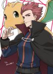  1boy belt black_cape blue_jacket blue_pants cape closed_mouth commentary_request dragonite grey_eyes hand_up highres jacket lance_(pokemon) long_sleeves male_focus mocollie pants pokemon pokemon_(creature) pokemon_(game) pokemon_hgss red_hair short_hair smile spiked_hair translation_request 