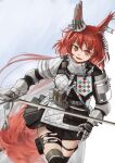  1girl animal_ears arknights armor bangs black_skirt flametail_(arknights) gauntlets highres holding holding_sword holding_weapon knight long_hair looking_at_viewer open_mouth red_eyes red_hair simple_background skirt solo sword tail tubuan_(tubuan03) very_long_hair weapon white_background 