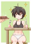  1girl :o bangs bench black_hair black_sports_bra breasts commentary cougar_(cougar1404) crotch_seam food fork green_background groin holding holding_fork holding_knife holding_tray knife looking_to_the_side meat medium_breasts nari_(cougar1404) navel open_mouth original out_of_frame outside_border panties ribbed_bra ribbed_panties short_hair simple_background sitting sparkle sports_bra steak steam table tray underwear underwear_only white_panties yellow_eyes 