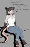  anthro belt blue_eyes bonnie_vale_(possoleum) bottomwear cigarette clothed clothing denim denim_clothing english_text female fully_clothed hi_res jeans mammal marsupial pants pink_nose pink_tail possoleum possum solo tail text 