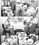  2021 absurd_res age_difference anthro belly big_belly boss boss_and_employee bossman_(kamudragon) canid canine canis chair clothed clothing comic dialogue domestic_dog duo employee_(kamudragon) english_text eye_contact facial_hair fully_clothed furniture hi_res inside kamudragon larger_male looking_at_another male mammal mature_anthro mature_male monochrome multiple_scenes on_chair overweight overweight_anthro overweight_male side_view sitting sitting_on_chair size_difference smaller_male speech_bubble table text wolf 