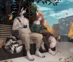  2023 4_toes 5_fingers anthro bastika breasts canid canine canis clothed clothing day detailed_background digital_media_(artwork) domestic_cat domestic_dog duo feet felid feline felis female fingers hi_res male mammal outside sky smile toes 