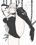  1girl arms_behind_head black_leotard blush boots breasts chain chained commentary_request gager_(girls&#039;_frontline) girls&#039;_frontline grey_hair highres kuroketto large_breasts leg_up leotard long_hair looking_at_viewer restrained sangvis_ferri simple_background solo speech_bubble split standing standing_on_one_leg standing_split thigh_boots translation_request white_background yellow_eyes 