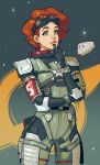  1girl animification apex_legends black_gloves blue_eyes commentary freckles gloves goggles goggles_on_head hair_behind_ear highres holding holding_pen horizon_(apex_legends) jui_(dirtybigrat) looking_at_viewer pen pen_to_mouth short_hair smile solo space spacesuit symbol-only_commentary thick_lips 