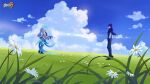  1boy 1girl armor black_footwear black_gloves black_hair black_pants black_shirt bronya_zaychik bronya_zaychik_(herrscher_of_truth) cloud day drill_hair flower glasses gloves grass grey_hair halo hand_in_own_hair high_ponytail highres honkai_(series) honkai_impact_3rd looking_at_another multicolored_hair official_art official_wallpaper on_grass pants ponytail scarf shirt standing streaked_hair welt_yang_(honkai_impact) white_flower 