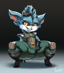  anthro big_butt blue_body blue_fur butt clothed clothing covenantrt_(artist) feral fur hi_res humanoid league_of_legends male male/male riot_games short short_anthro short_fur short_male solo warrior yellow_eyes yordle 