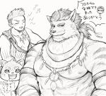  3boys 4boys abs armlet bara bare_pectorals character_request chibi crave_saga facial_hair feather_necklace furry furry_male goatee greyscale hair_slicked_back higemaccho highres jewelry large_pectorals long_hair looking_at_viewer male_focus mature_male monochrome multiple_boys muscular muscular_male necklace nipples pectorals ponytail protagonist_(crave_saga) short_hair sideburns spiked_hair stomach thick_eyebrows toned toned_male translation_request tribal upper_body 