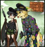  anthro bad_guy_cafe bat blue_eyes bodily_fluids brown_body brown_fur canid canine canis duo female fur male mammal paintball sully_kerrigan sweat tongue tongue_out wings wolf xavior yellow_body yellow_fur ziegelzeig 