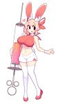  1girl :d absurdres animal_ear_fluff animal_ears bare_arms bare_shoulders breasts commentary crop_top english_commentary eyes_visible_through_hair fiz_(fizintine) fizintine full_body hair_bun heart highres large_breasts large_syringe looking_at_viewer midriff navel no_pupils open_mouth original oversized_object pink_hair rabbit_ears rabbit_girl rabbit_tail red_footwear shoes short_shorts shorts simple_background single_side_bun smile solo syringe tail teeth thighhighs upper_teeth_only white_background white_shorts white_thighhighs wrist_cuffs 