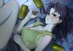  1girl absurdres alcohol bangs beer_can blush breasts brown_eyes can cleavage cross cross_necklace highres holding holding_jewelry holding_necklace jewelry katsuragi_misato large_breasts long_hair looking_at_viewer lying necklace neon_genesis_evangelion on_side parted_lips pepepp39 purple_hair short_shorts shorts solo sweat tank_top yebisu yellow_tank_top 