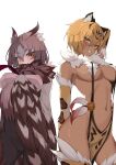  2girls animal_ear_fluff animal_ears arm_behind_head arm_up bangs bell_orgel blonde_hair blush breasts brown_hair commentary_request dark-skinned_female dark_skin eyes_visible_through_hair fang feathers grin hair_between_eyes harpy highres large_breasts looking_at_viewer monster_girl monster_girl_encyclopedia multiple_girls navel neck_fur ocelomeh_(monster_girl_encyclopedia) owl_girl owl_mage_(monster_girl_encyclopedia) pelvic_curtain red_pupils short_hair simple_background skin_fang slit_pupils smile stomach white_background winged_arms wings yellow_eyes 