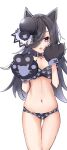  1girl :3 alternate_animal_ears animal_ears animal_hands ass_visible_through_thighs bandeau black_hair black_headwear breasts cat_ears collar feet_out_of_frame gloves hair_over_one_eye hands_up hat highres long_hair looking_at_viewer navel open_mouth panties paw_gloves paw_print purple_eyes rice_shower_(umamusume) simple_background small_breasts smile solo umamusume underwear white_background yomean! 