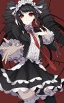  1girl absurdres bangs black_hair black_skirt black_thighhighs bonnet celestia_ludenberg center_frills closed_mouth collared_shirt danganronpa:_trigger_happy_havoc danganronpa_(series) drill_hair frilled_skirt frills gothic_lolita hand_up highres jacket layered_skirt lolita_fashion long_hair long_sleeves looking_at_viewer miik_(xhsa3585) open_clothes open_jacket red_background red_eyes shirt shirt_tucked_in skirt smile solo thighhighs twin_drills twintails white_shirt 